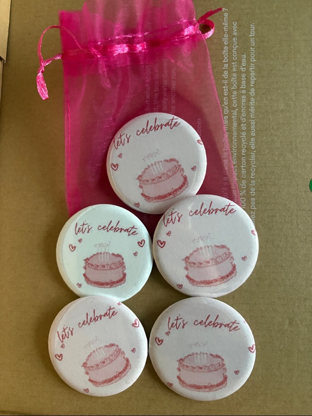 Pink "Let's Celebrate" Cake Favor Buttons - Set of 5
